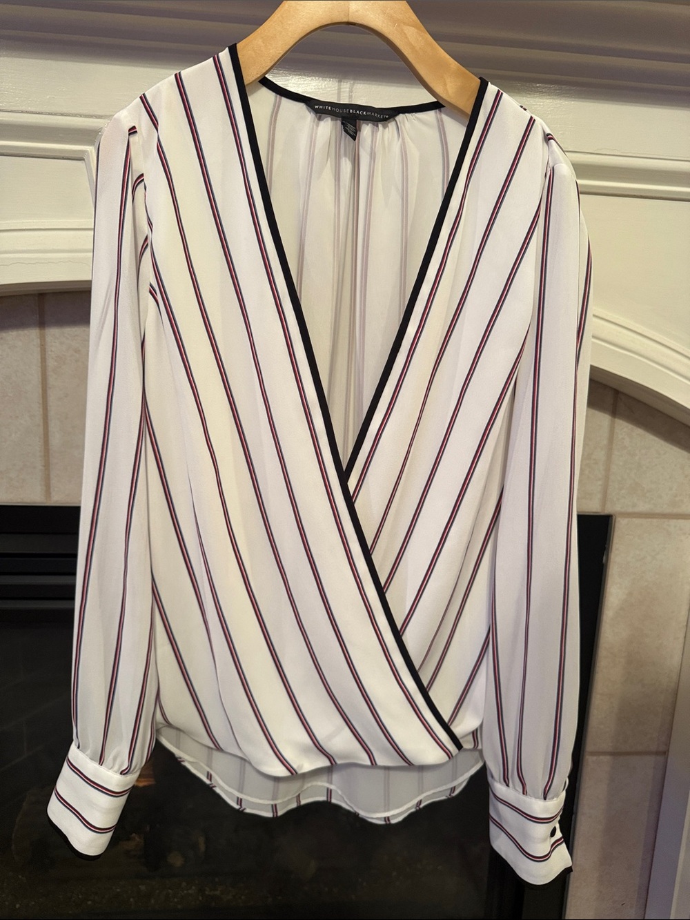 White House Black Market White Striped Wrap Blouse with Red Blues & Black Trim